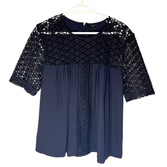 Ann Taylor Tops - Ann Taylor Navy Embellished Crochet Blouse 3/4 Sleeve L